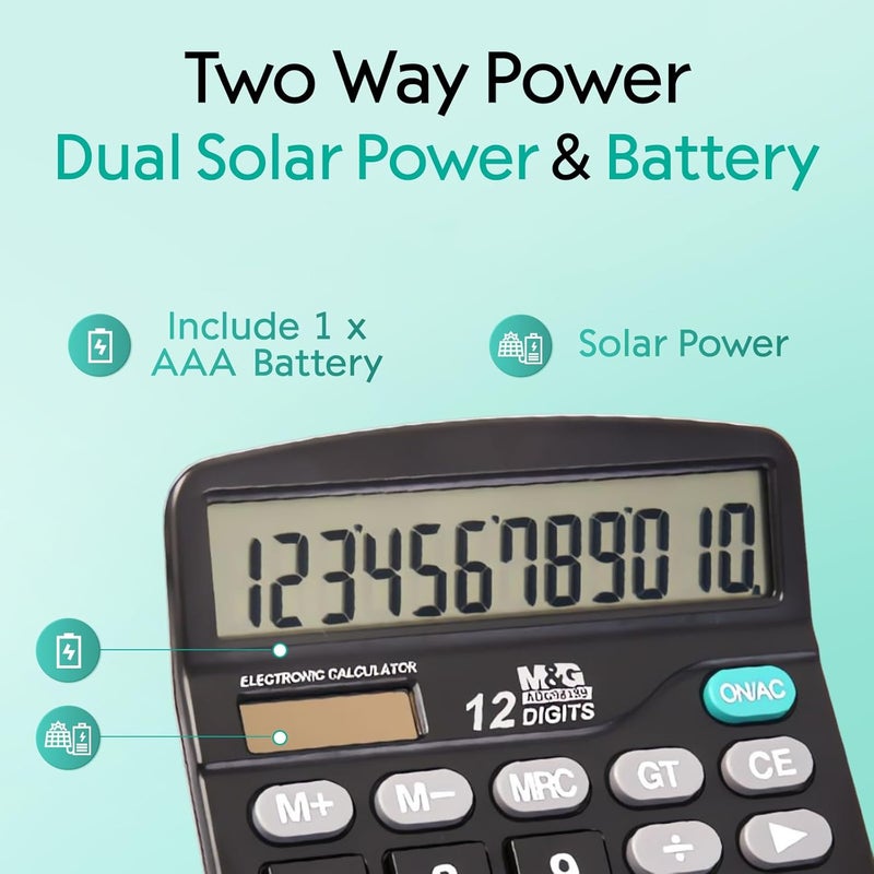 MG Desk Calculator 12 Digit Office Calculators with Large LCD Display, Dual Solar Power and Battery, Recessed Big Button Calculator for Office Home (Black, Pack of 5) - Image 3